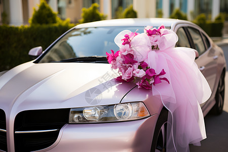 一辆装饰着粉色花朵的汽车背景图片