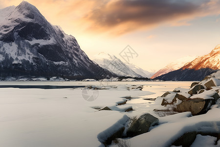 冰雪覆盖的山脉湖泊背景图片