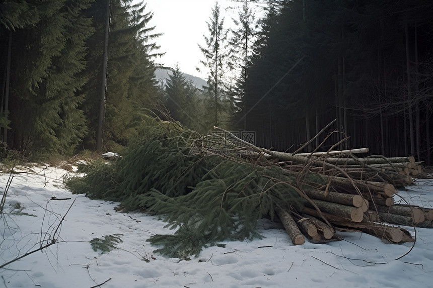 冬日林间砍伐的树木图片