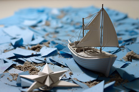 蓝色纸张帆船折纸背景