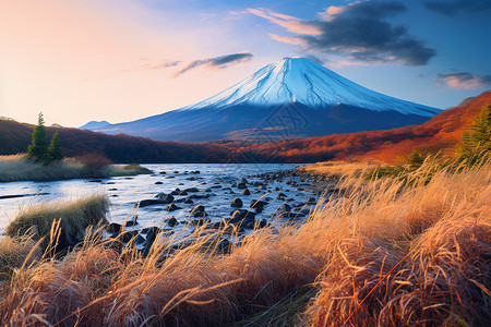 富士山下的山水背景图片