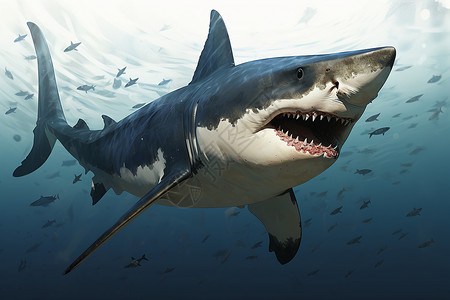 巨齿鲨在水中张开嘴巴背景图片