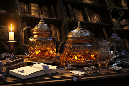 茶室的茶壶与书香背景图片