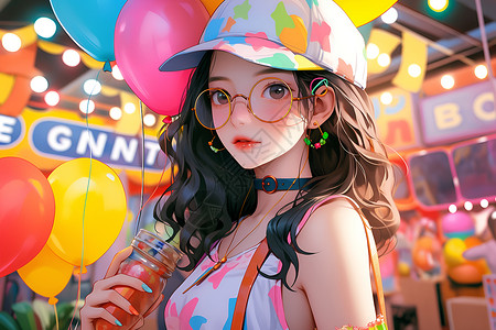 潮流色糖果色缤纷的夏季少女插图插画