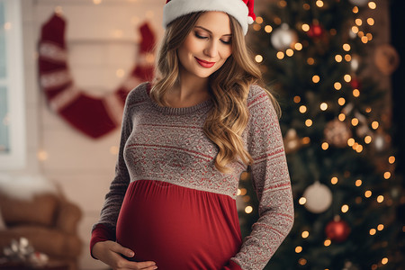怀孕妇女戴圣诞帽背景图片