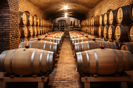 橡木酒桶地窖储存的葡萄酒背景
