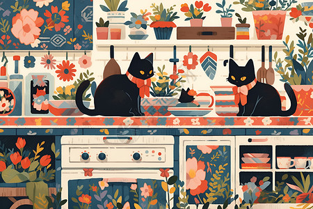 厨桌上的黑色猫咪背景图片