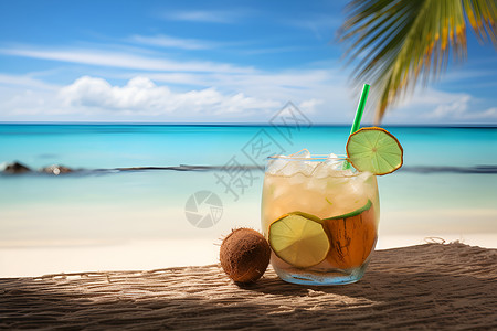 沙滩上椰子清新午后的冰镇饮品背景
