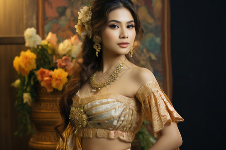 泰式服饰的美丽女子背景图片