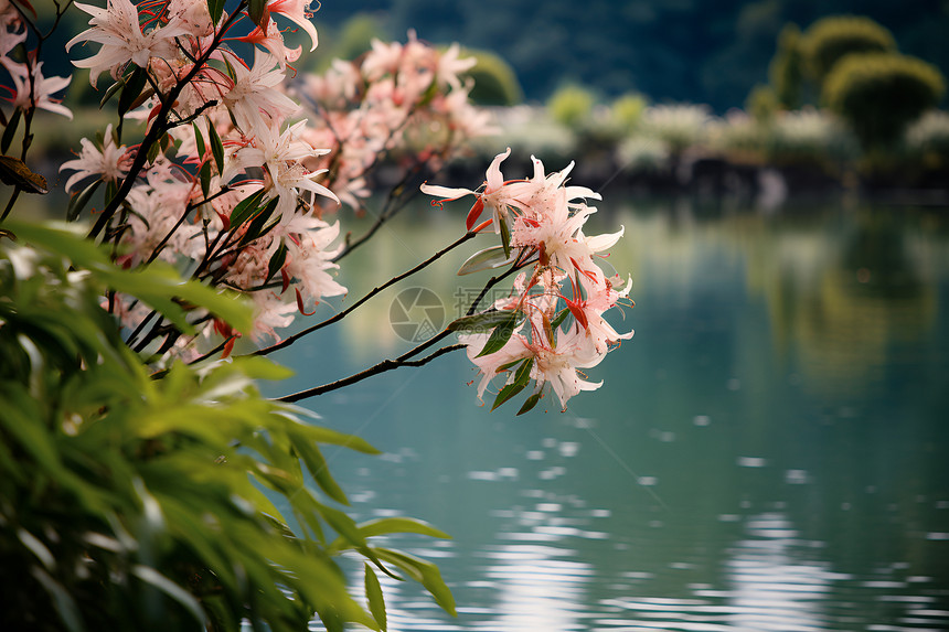 湖畔边盛开的花朵图片