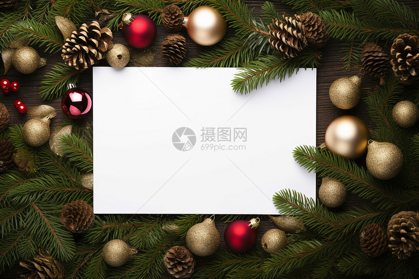 圣诞装饰环绕的白纸背景图片