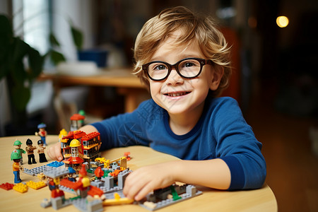在客厅玩积木游戏的小男孩背景图片