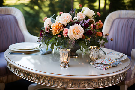 餐桌上的花束和餐具背景图片