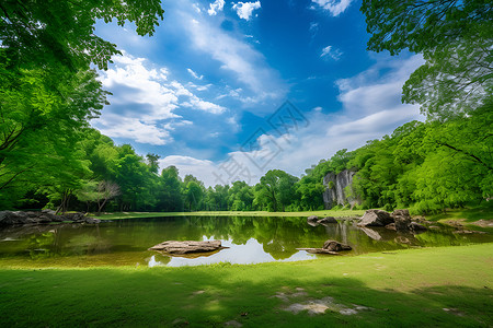 绿色树林中的水域背景图片