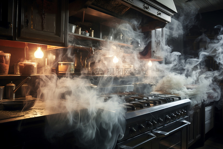 烟雾缭绕的厨房景象图片