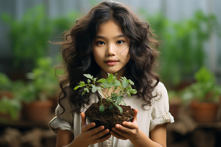 户外抱着植物的小女孩背景图片