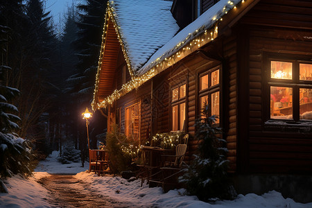 冬季白雪覆盖的山林木屋背景图片
