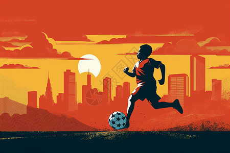 足球运动员比赛日落时足球场上的运动员插画