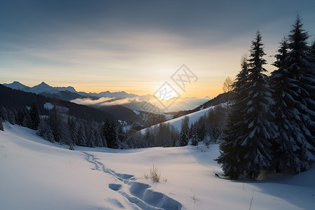 雪山下的林间日落背景图片