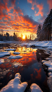雪地上的河流树木夕阳高清图片素材