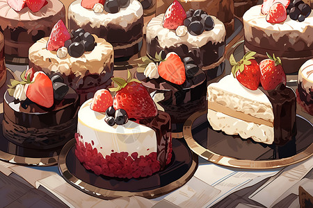 美味草莓蛋糕诱人甜品的画作插画