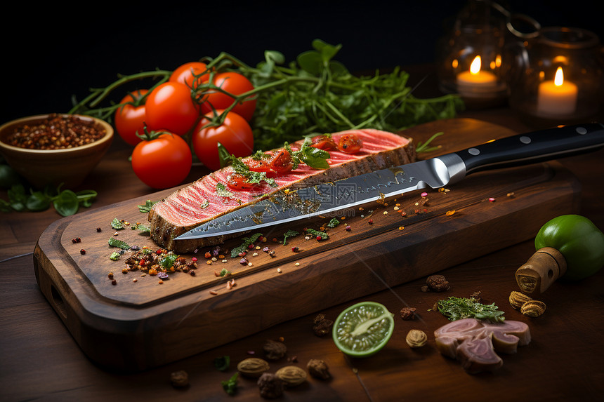 切菜板上的肉和刀具图片