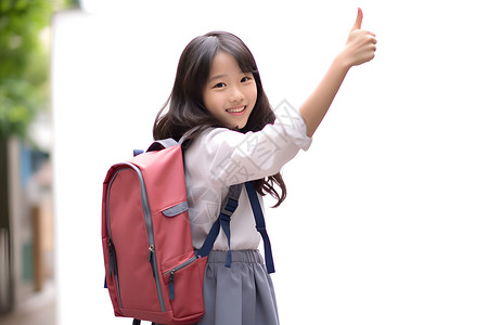 一名学生一名自信的少女在白色背景下背着书包举起手指指向空中背景