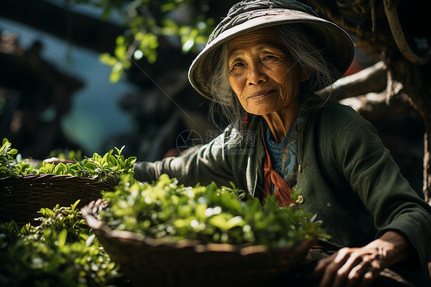 采摘茶叶的老年人图片