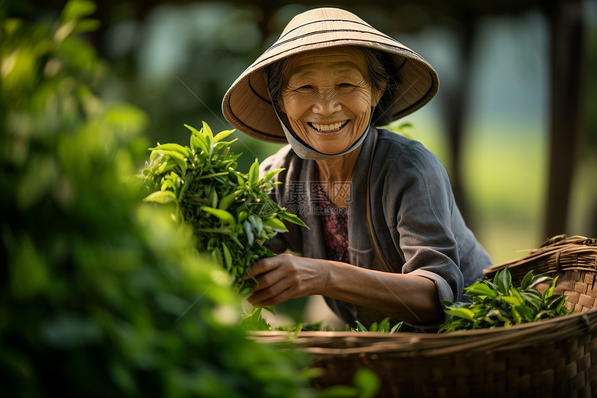 户外开心采茶的茶农图片