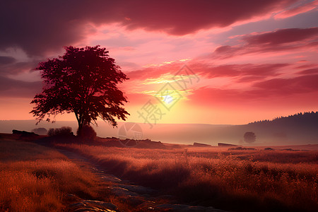 夕阳下的孤树背景图片