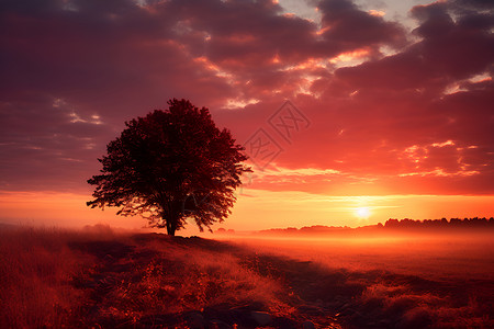 夕阳田中的一颗树背景图片