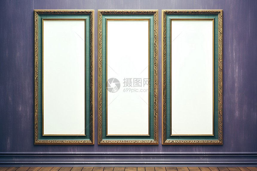 三幅画框与木质地板图片