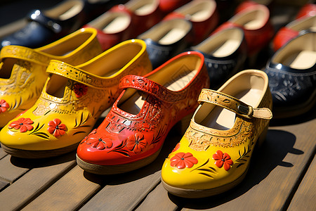 一排彩色的木鞋背景图片