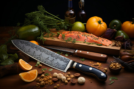 锋利的刀砧板上的食物和刀背景