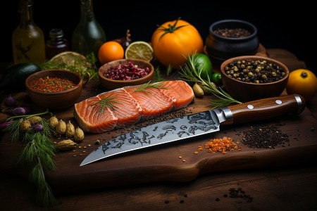 三文鱼和刀背景图片