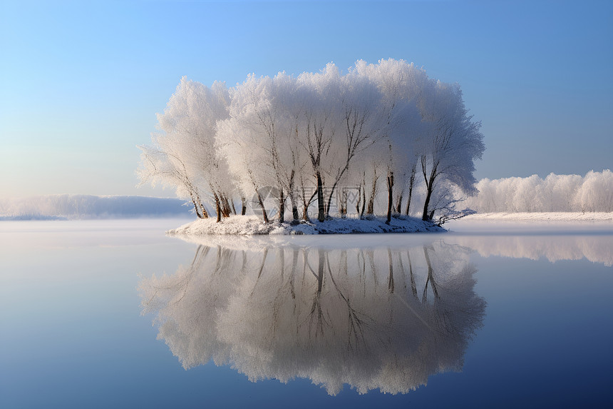 冰雪覆盖的湖心树林图片