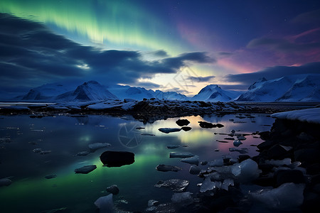 幻彩极光下的冰川背景图片