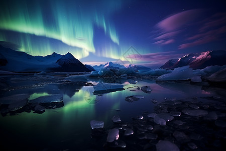 极光下的冰川山脉背景图片