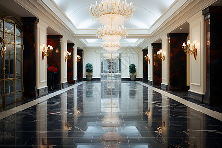 华丽大厅里的水晶吊灯高清图片