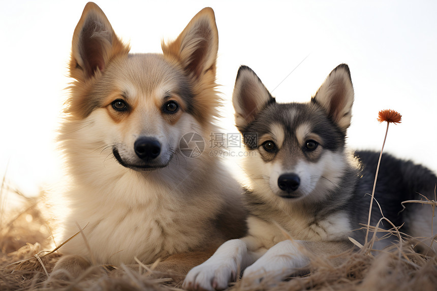 蓝天下的两只小狗图片