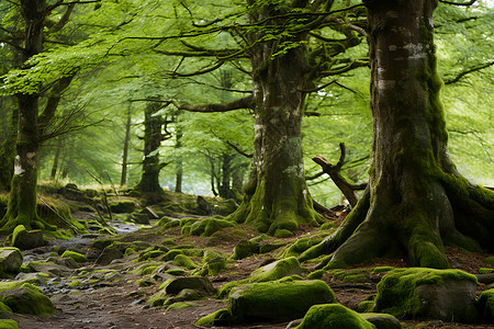 神秘森林里的大树背景图片