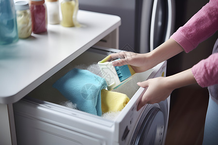 家庭主妇清洁洗衣机背景图片