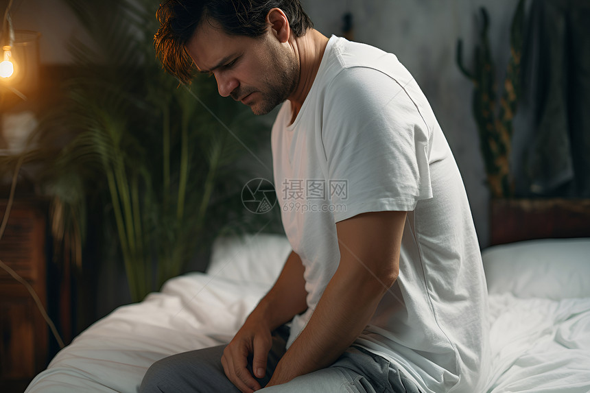 腰背疼痛的男士坐在床上图片