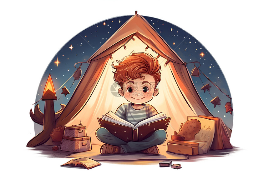 帐篷里阅读的男孩图片