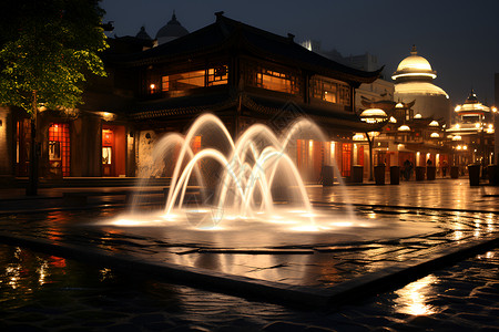 城市夜景下的喷泉背景图片