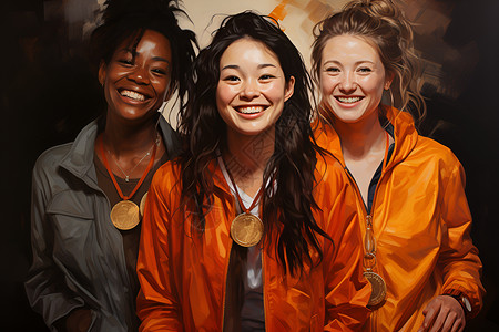 笑容女三位金牌女运动员插画