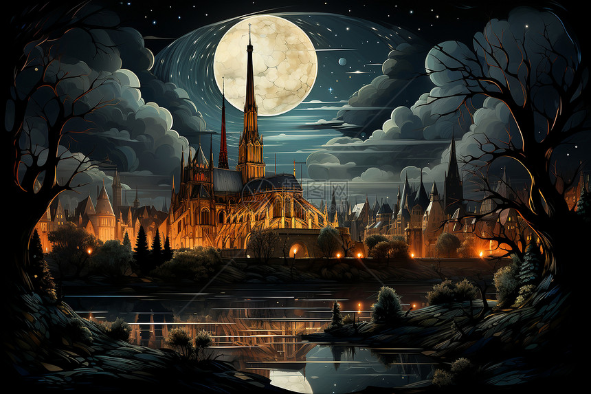 月夜下的城堡图片