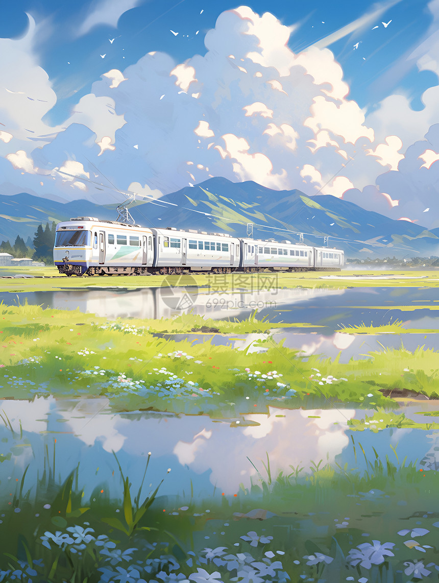 春天的火车旁边是湖泊图片
