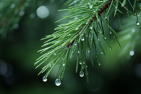 湿润季节松树枝上滴着水珠背景