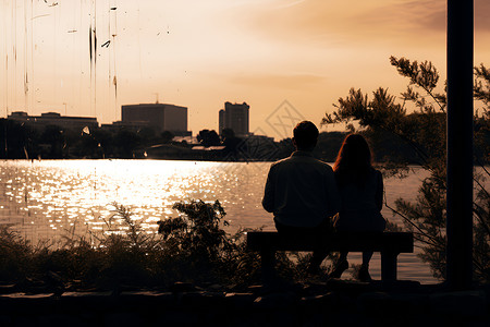 湖泊边长椅上的夫妻高清图片